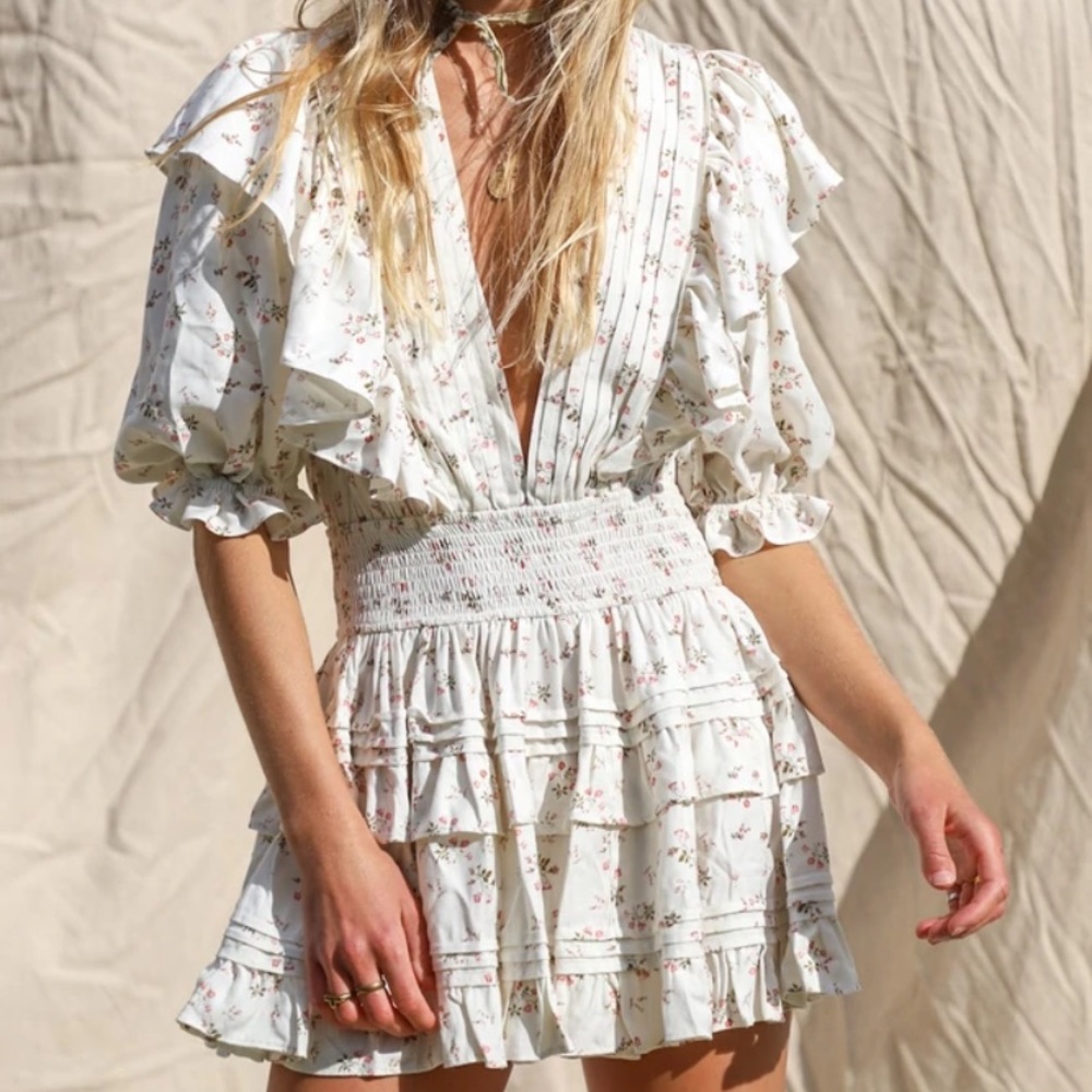Love shack fancy- Petit Mini Dress in Winter White Floral